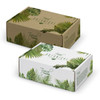 Two die cut boxes with locking lids featuring tropical leaf designs, one in brown and the other in white. Each includes a logo.