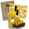 A yellow wooden model of an excavator with a cardboard template and packaging, featuring branding.