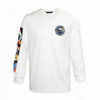 A white long-sleeve crew shirt featuring faux embroidery and a colourful design on the sleeve, including a logo.