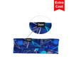 A wide warm headband in blue with a geometric pattern and a logo. The fabric is brushed polyester.