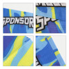 A seamless breathable headband in blue and yellow with a mesh design and a logo.