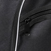 A black backpack featuring a zippered pocket and white detailing. It has a logo on the surface.