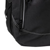 A black backpack featuring a zip closure and contrasting white stitching. It has a branding logo on the side.