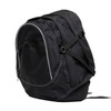 A black backpack featuring multiple zippered compartments and adjustable straps, with a logo on the side.