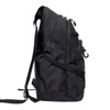 A black backpack with a sleek design, featuring multiple zippers and adjustable straps. It has a discreet logo.
