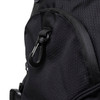 A black backpack featuring a textured surface and a sturdy clip detail. It includes a logo on the exterior.