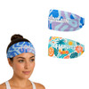 A polyester spandex sport headband featuring vibrant patterns in purple, blue, and tropical fruit designs, with a logo.