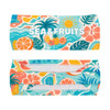 A vibrant polyester spandex sport headband featuring colourful tropical patterns and a logo, with shades of blue, orange, and green.