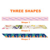 A patterned long scarf featuring floral and fruit designs in multiple shapes and colours, with a logo present.