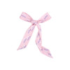 A pink chiffon narrow scarf with a tied bow design, featuring printed text and floral accents.