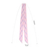 A pink chiffon narrow scarf featuring a delicate pattern. It has a logo and measures 120 cm by 5 cm.