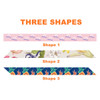 A long scarf featuring three distinct designs: floral, abstract patterns, and a fruit motif, with a branded logo.