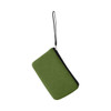 A green neoprene cosmetic bag with a handle, featuring a black zipper and a small logo.
