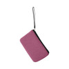 A pink neoprene cosmetic bag with a black zipper and a handle attached. It features a branding logo.