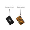 A black neoprene cosmetic bag with handle on the left and a tiger-striped neoprene bag on the right, both with branding.