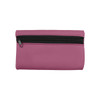 A small pink neoprene pencil pouch with a black zipper, featuring a simple design and a branding logo.