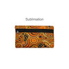 A small neoprene pencil pouch featuring a vibrant Aboriginal-inspired pattern in orange, black, and yellow with a zip closure.