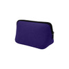 A purple neoprene cosmetic bag with a black zipper and stitching. It features a simple, smooth design.
