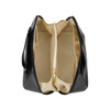 A black toiletry bag with a cream interior, featuring two main compartments separated by a zippered section and a logo.