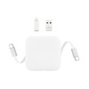 A retractable charging cable in white, with USB and Lightning connectors, and a compact design.