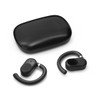 A pair of black wireless earbuds with a matching charging case. The design features a curved hook for a secure fit.