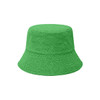 A green reversible bucket hat made from dual materials, featuring a textured surface and a simple design.