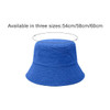 A blue reversible bucket hat with a textured finish and a round crown, featuring a logo.