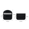 A black RFID blocking key pouch with dimensions displayed, featuring a zippered compartment and a key ring.