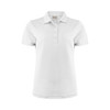 A white women's polo shirt featuring a collar and three buttons, with a logo on the front.