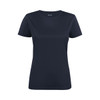 A navy blue women's t-shirt featuring a crew neck and short sleeves, with a logo on the neckline.