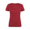 A women's active tee in bright red with a classic short-sleeve design, featuring a logo on the label.