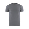 A grey men's t-shirt with a round neck and short sleeves. The shirt features a logo on the tag.