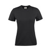 A black women's t-shirt with short sleeves and a round neckline. The shirt has a logo on it.