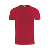 A red men's t-shirt with a classic crew neckline and short sleeves. It features a branding logo.