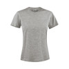 A grey women's t-shirt with short sleeves and a crew neck, featuring a logo.