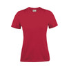A red women's t-shirt with short sleeves and a round neckline. It features a simple design and has a brand logo.