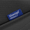 A textured black toiletry bag with a blue label indicating it is a bluesign product.