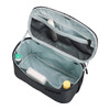 A grey toiletry bag with a removable pouch, featuring multiple compartments and a splash-proof interior.