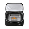 A black insulated lunch bag with a silver interior, featuring a transparent container inside and a logo.