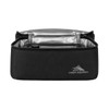 A black insulated lunch bag with a silver interior, featuring a zip closure and a branding logo.