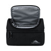 A black insulated lunch bag with a zippered opening and grey interior, featuring a logo on the front.