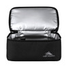 A black lunch bag with a silver insulated interior, featuring a logo on the front.