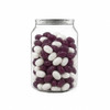 A clear can filled with purple and white jelly beans, featuring a metallic lid.