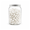 A clear jar filled with white jelly beans, showcasing a smooth and glossy finish.