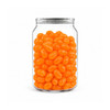 A clear can filled with vibrant orange jelly beans, showcasing their glossy texture.