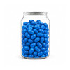 A clear can filled with glossy blue jelly beans, showcasing their vibrant colour and smooth texture.