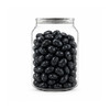 A clear jar filled with shiny black jelly beans. The jar has a metal lid and features a logo.