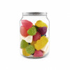 A clear canister filled with vibrant jelly sweets in various shapes and colours, including pink, green, and yellow.