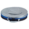 A circular cooler bag with a silver top, blue and black sides, featuring a handle and a zip closure.