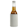A drink bottle is wrapped in a light grey stubby holder featuring a logo.